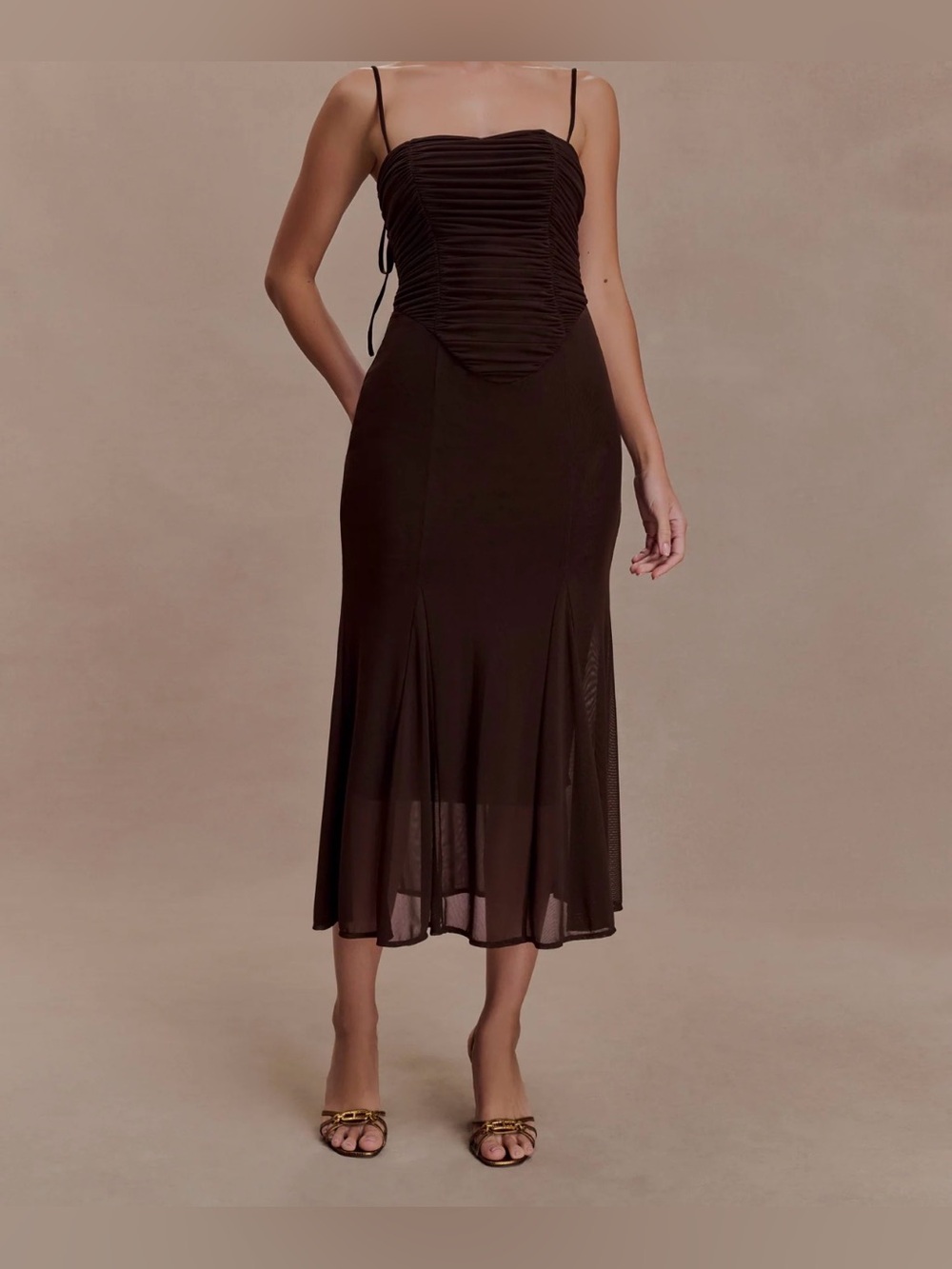 Meshki Brown Ruched Bodice Midi Dress